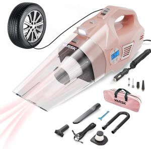 imageVARSK 4in1 Car Vacuum Cleaner High Power Tire Inflator Portable Car Vacuum with Digital Tire Pressure Gauge LCD Display and LED Light 12V DC 15FT Cord Essential Accessories for Men WomenPink