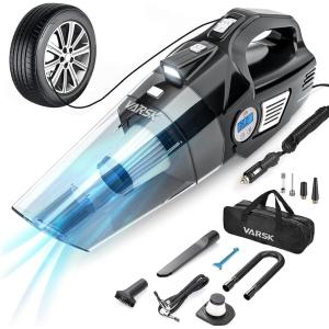 imageVARSK 4in1 Car Vacuum Cleaner High Power Tire Inflator Portable Car Vacuum with Digital Tire Pressure Gauge LCD Display and LED Light 12V DC 15FT Cord Essential Accessories for Men WomenBlack